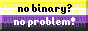 a button that says 'No Binary, No Problem' with a non-binary flag.